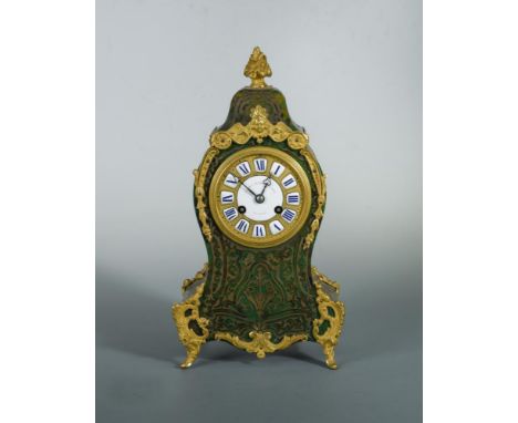 A Louis XIV style Boulle green tortoiseshell and gilt brass mantel clock, circa 1870, the segmented 8cm enamel dial signed 'J