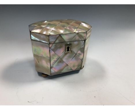 A 19th century mother-of-pearl tea caddy, of heavily canted rectangular form, with internal lift-out cover, raised on bun fee