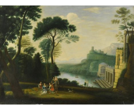 After Claude Lorraine  (French, 1600–1682) Landscape with the Nymph Egeria mourning over Numa, with her attendants and greyho