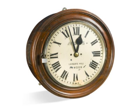 A large late 19th century drum case wall clock, signed J W Benson, Ludgate Hill, London, the signed painted 40cm dial with Ro
