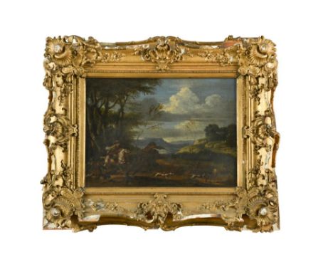 Italian School, second half of the 17th Century  A lady and gentleman on horseback stag hunting on the edge of a wood in a mo