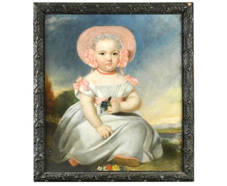 English Provincial School, late 18th Century  Portrait of a small girl in a cream dress with pink bows and a ribbon decorated