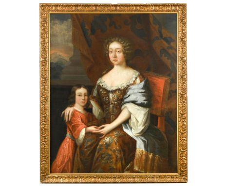 English School, 17th Century  Portrait of a lady in a gold embroidered dress, seated, three-quarter length, with her young so