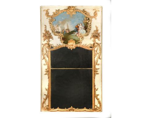 A late 19th century French painted and parcel gilt Trumeau, with Fragonard style painted panel 224 x 130cm (87 x 51in)  