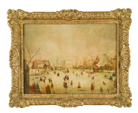 Manner of Hendrick Avercamp (Dutch, 1585-1634) Frozen river scene with figures skating oil on panel 28 x 38cm (11 x 15in)  Ov