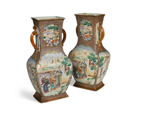A pair of Chinese export Mandarin palette two-handled vases, Qianlong (1736-95), of rectangular baluster form, the neck mount