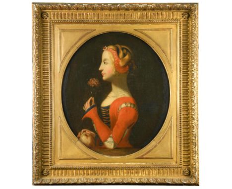 Italian School, late 17th - early 18th Century Portrait of Petrarch's Laura, in profile, smelling a carnation and touching an