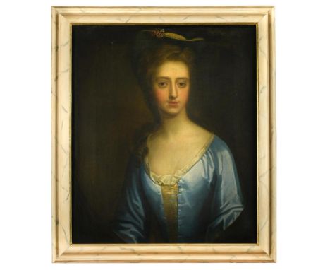 Follower of Jonathan Richardson (British, born circa 1665–1745) Portrait of a lady, half-length, in a blue dress and a straw 