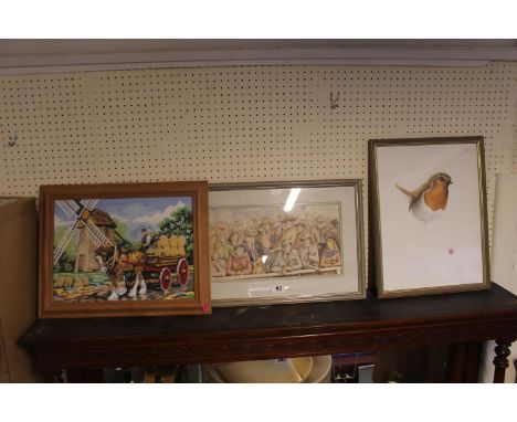 Collection of 3 Pictures to include print of a Robin signed in Pencil etc 