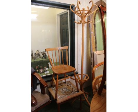 Square tile topped table, 20thC Bentwood Coat stand and a Ercol style chair 