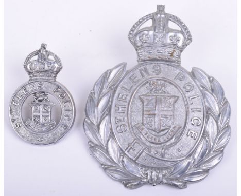 St Helens Police  Helmet Plate, kings crown helmet plate with repaired two lug fittings on the reverse. Accompanied by a king