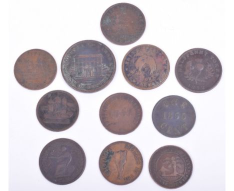 Selection of Early Tokens and Coins consisting of 1842 Province of Canada Bank of Montreal One Penny Bank Token, 1832 Provinc