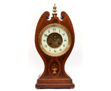 W.H. ? Kingston upon Thames, an early 20th century inlaid mahogany and walnut lyre shaped mantle clock with broken scroll ped