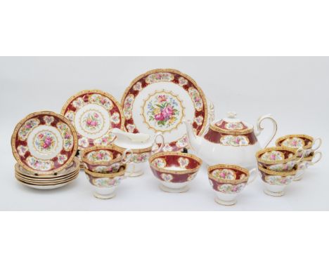 Royal Albert, a Lady Hamlton pattern bone china six person teaset comprising of seven teacups, six 14cm saucers, six 16.5cm s