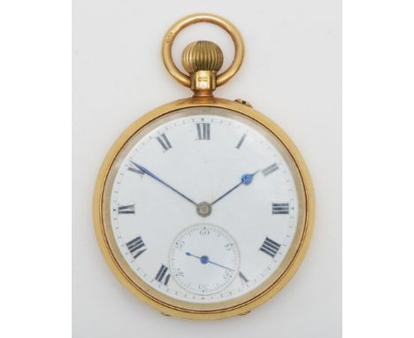 Wright and Craighead, London, an 18ct gold open face keyless wind pocket watch, white enamel dial with Roman numerals, the mo