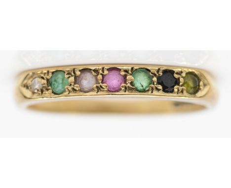 A vintage 9ct gold Dearest ring, set with diamond, emerald, amethyst, ruby, sapphire and tourmaline, P, 1.7gm. 