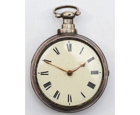 J. Abell, Leicester, a George III silver pair cased verge pocket watch, the white enamel dial with Roman numerals, the moveme