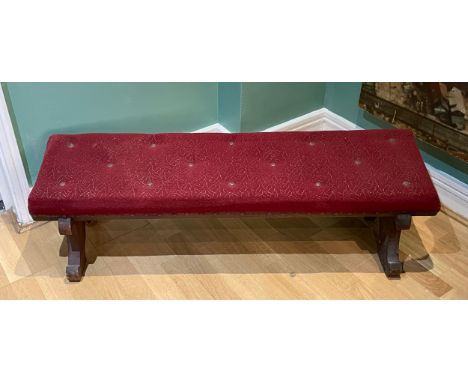 A mid 20th century mahogany framed marriage stool, with sloping button upholstered seat, presentation plaque from Beverley Mi