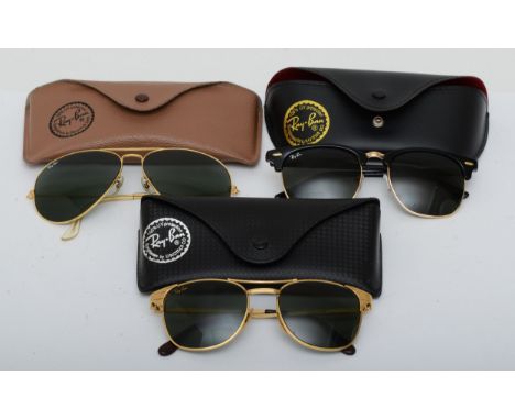 Three pairs of vintage Ray Ban sunglasses, Aviator 62/14, 65/19 and Bausch &amp; Lomb Ray Ban Signet, all cased
