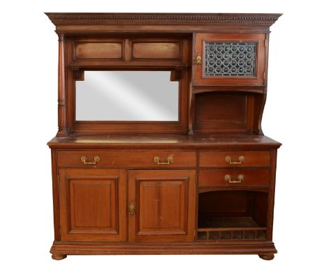 A late 19th century mahogany bevel edged mirror backed sideboard, possibly by Heals, with blind dentil and egg and dart friez