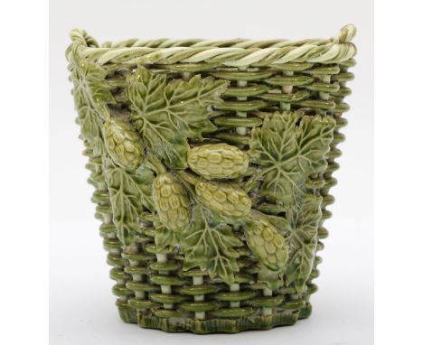 Rye Pottery, a 20th century green glazed pottery basket weave 'wicker' twin handle basket, with applied fruit decoration, imp