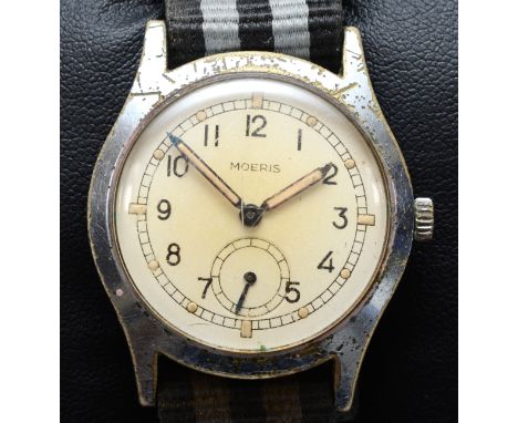 A WWII British Moeris ATP (Army Trade Pattern) wristwatch, circa 1940, Swiss 15 jewel manual wind movement, screw back case n