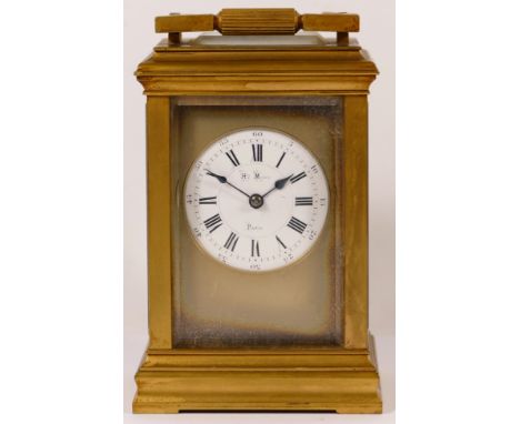 Henri Marc of Paris, a 19th century corniche brass cased and four glass striking carriage clock, the white dial with black pa