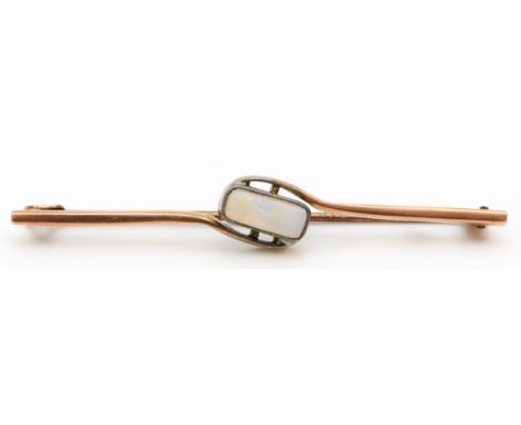 An early 20th century rose gold opal bar brooch, 5.5cm, 2.8gm. 