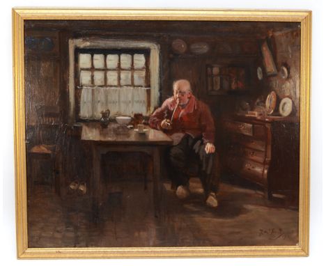 J R Creig, Dutch school, early 20th century, man sitting at the kitchen table, oil on canvas, signed, dated and framed, 50x59