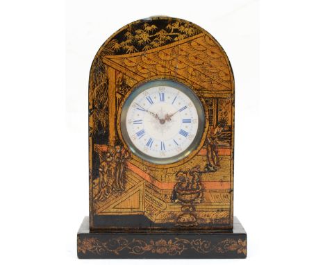 An early 20th century chinoiserie cased dome topped mantle clock, raised on rectangular plinth base standing on plinth base, 