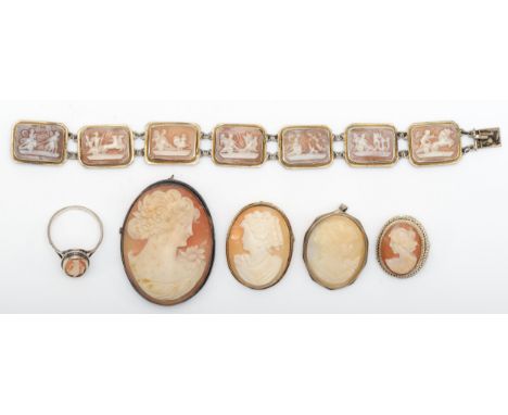 A unmarked silver shell cameo bracelet, with seven carved rectangular panels depicting chariots drawn by various animals, 8.5