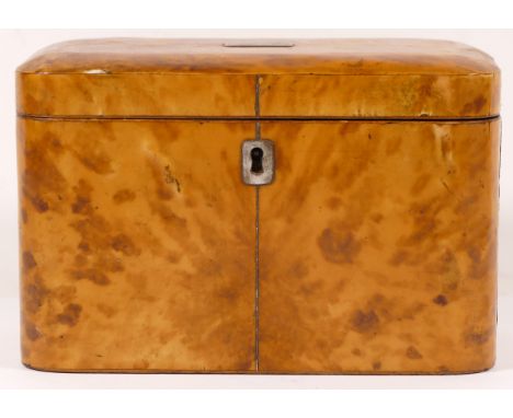 A 19th century blonde tortoiseshell caddy, the hinged lid with engraved plaque opens to reveal twin sections, each with turne
