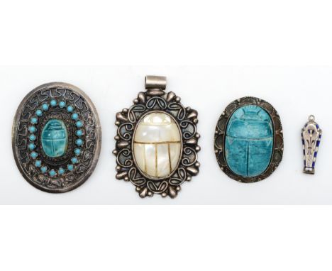 An early to mid 20th century Egyptian silver brooch set with a faience scarab beetle, 28 x 18mm, baring Alexandria .800 contr