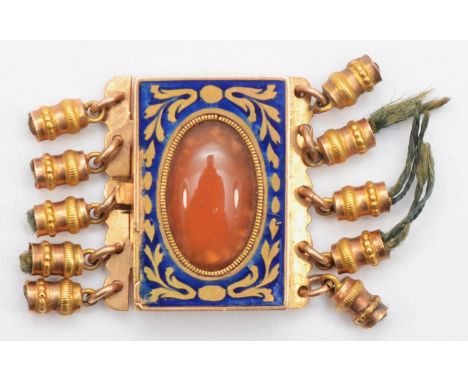 A French gold and enamel clasp set with a carnelian cabochon, Rooster head control mark, 2 x 1 cm, 3.8gm.Condition is good, n