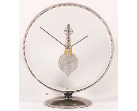 Jaeger-LeCoultre, a mid 20th century (circa 1960) chrome plated Baguette skeleton clock, raised on slightly domed circular fo