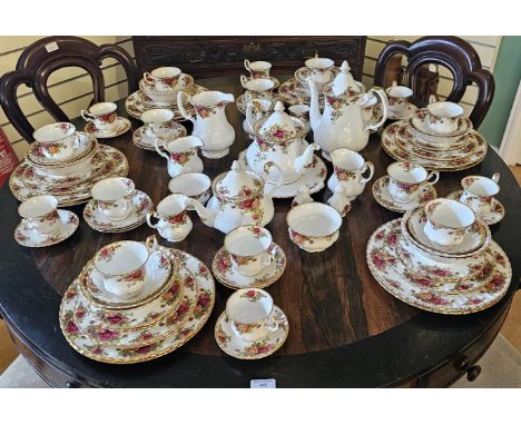 Extensive Royal Albert Old Country Rose bone china part dinner and tea set comprising of a 27cm coffee pot, two 19cm teapots,