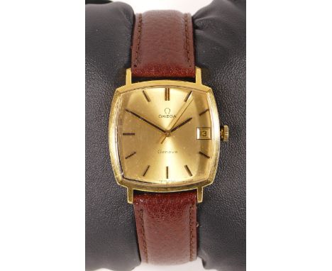 Omega, Geneve, a gold plated manual wind date gentleman's wristwatch, ref 132.0052, c.1972, gilt dial with baton markers, sig