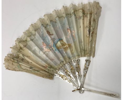 A 19th Century French mother of pearl stick fan with hand painted decoration of classical maiden amongs clouds with cherubs s