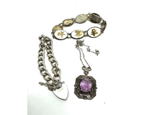 Vintage silver jewellery inc charm bracelet amethyst pendant chinese mop bracelet weight 56g 