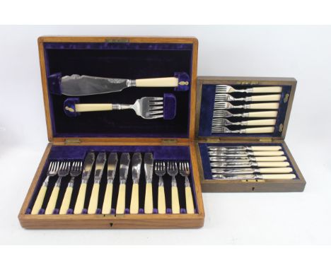 Vintage Cutlery Sets Wooden Canteens 12/14 Piece Fish Cutlery Ivorine x2 3183g 