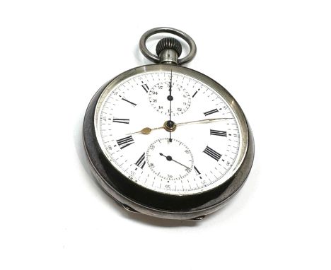 Antique silver open face chronograph up down dial centre second pocket watch  the watch is not ticking  the balance will spin