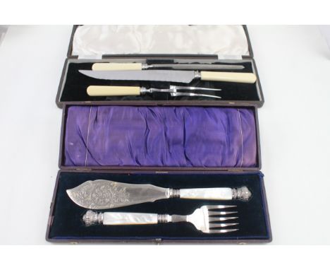 Vintage Cutlery Sets Mother of Pearl Fish Serving Spoons &amp; Ivorine Steak Set x 2 