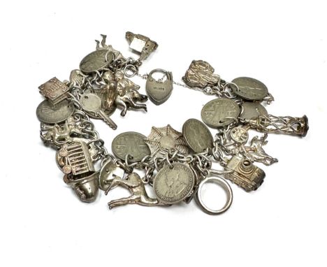 Vintage silver charm bracelet and charms weight 78g 