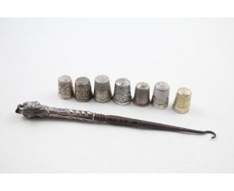 8 x .925 sterling thimbles &amp; handled button hook 