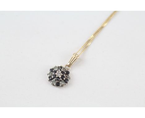 9ct gold vintage sapphire &amp; diamond cluster pendant necklace (2g) 