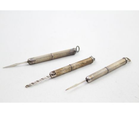 3 x .925 sterling pocket corkscrew &amp; toothpick 