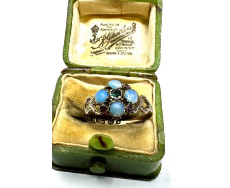 Antique 9ct gold opal ruby &amp; emerald ring in antique bakelite ring box weight 1.6g 