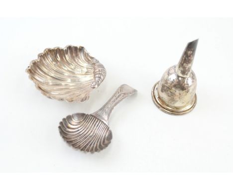 3 x .925 sterling salt dish, caddy spoon &amp; funnel inc georgian 