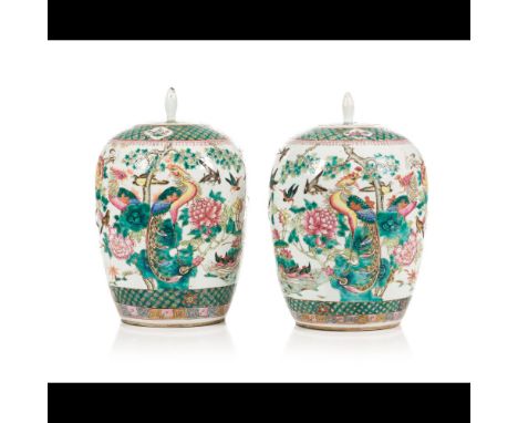 A pair of lidded ginger vasesChinese porcelainPolychrome "Famille Verte" enamelled decoration in the Kangxi styleMarked to un