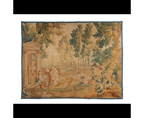 An Aubusson tapestryPolychrome wool threadsDepicting a garden view with architectural elements and courting figuresFrance, 18